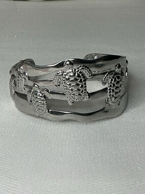Silver Turtle Bangle Hypoallergenic Open Work Adjustable  Bracelet